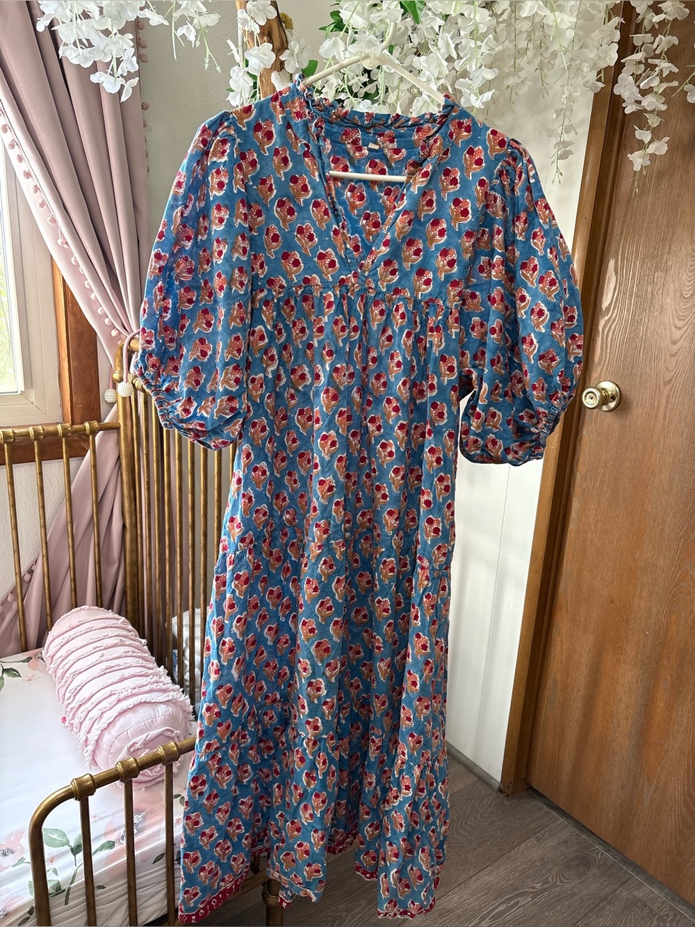 Blue Floral Midi Dress 100% Cotton with Puff Sleeves